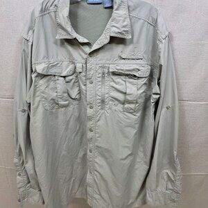 QuesShirt Mens L Long Sleeve Fishing Outdoor Vent Back Zip Pocket Light Khaki